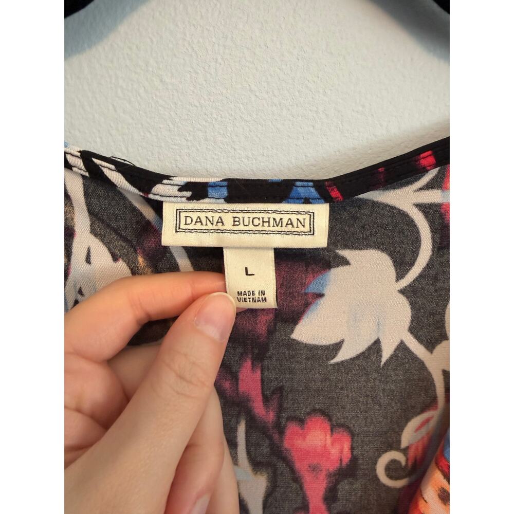 Dana Buchman Floral Printed Faux Wrap Dress size Large Black Pink White and Blue - Picture 2 of 9